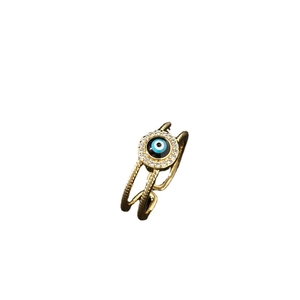 Vintage evil eye open ring in gold finish with blue enamel and zircon stones