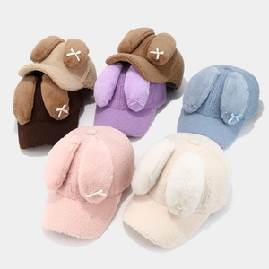 Casquettes de baseball en peluche hiver avec oreilles de lapin et nœuds en soie en 5 tons