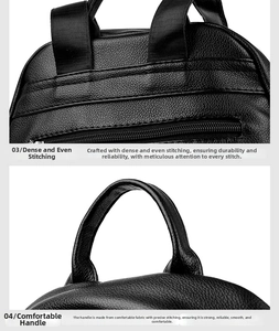 Detailed view of black litchi leather backpack featuring reinforced handle and dense stitching