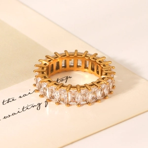 Detail of gold plated stainless steel ring with channel-set baguette cut cubic zirconia