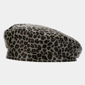 Detailed view of leopard print PU leather beret showing smooth texture and stitching