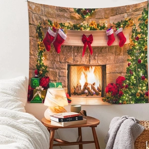 Cozy Christmas scene on wall tapestry featuring a festive fireplace and decorated tree