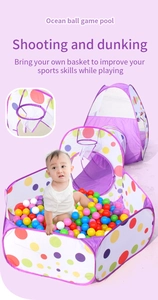Detail view of foldable kids play tent set with ocean ball pit and basketball hoop
