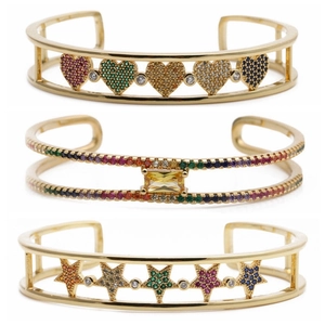 Adjustable Open Cuff Bangle Copper Brass Colorful Zircon Heart Star Smile Face Hip Hop Punk Fashion Jewelry For Women