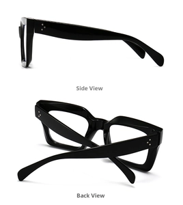 Detail view of square black sunglasses with iconic triple metal rivets on frame and temple