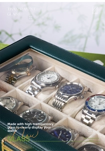 Detail der dunkelgrünen PU-Leder-Uhrenbox mit transparentem Glasdeckel und Samtfutter