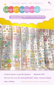 Close-up of waterproof long PET cartoon stickers with precut shapes for journals