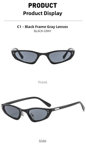 Detailed front and side view of black cat-eye sunglasses with silver rivet accents