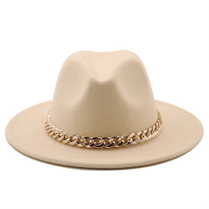 Close-up of beige wool felt fedora featuring a stylish gold chunky metal chain detail