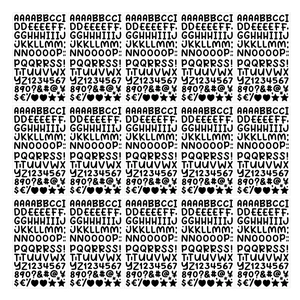 Detailed grid layout of black 0.5 inch alphabet and number sticker sheets for scrapbooking
