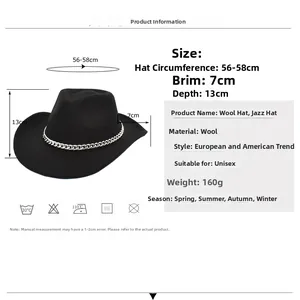 Classic black wool fedora cowboy hat with silver chain band decoration and wide brim