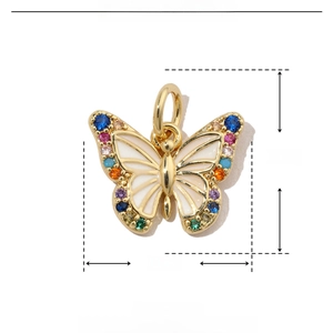 Detail of colorful butterfly pendant with dimensions 13mm by 13mm and zircon inlay