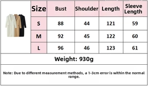 Detailed size chart for wool coat showing bust, shoulder, length, and sleeve measurements