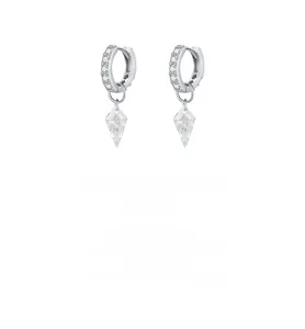 Close-up of S925 sterling silver rhombic earrings with pavé diamond hoop details