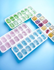 Detailed top view of 4-pack colorful 12-grid ice cube molds with flexible silicone bottom