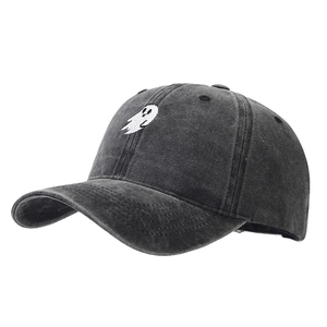 Vintage washed black cotton baseball cap featuring ghost embroidery and classic curved brim