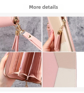 Detailed views of multi-slot interior, tassel zipper, and tricolor patchwork wallet
