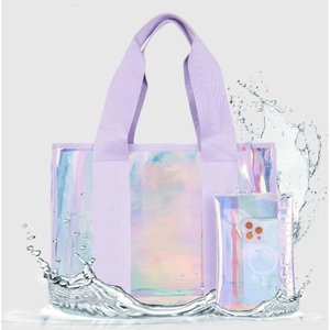 Waterproof holographic PVC tote bag and small pouch set with splash water effect