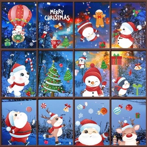 Cartoon Christmas window stickers set with Santa Claus and reindeer on snow background