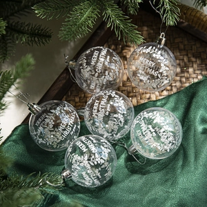Set of 6 transparent Christmas ball ornaments with silver Merry Christmas engraving