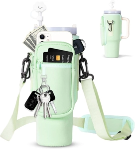 Detail of 40oz green neoprene tumbler carrier with phone pocket and shoulder strap