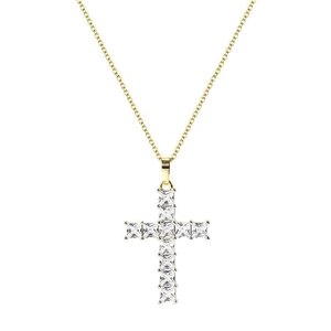 Close-up of golden cross pendant with square-cut cubic zirconia on a classic O-chain