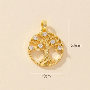 Detailed view of Tree of Life gold pendant showing dimensions 2.5cm by 1.9cm