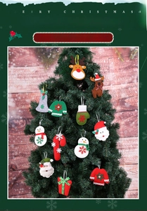 Macro detail of assorted felt Christmas ornaments including reindeer and candy canes