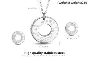 Detail view of Mom necklace and earrings set with crystal inlay and size dimensions