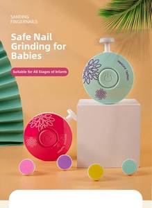 Detail of baby electric nail trimmer set with four colorful grinding heads on geometric props