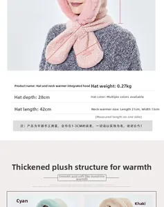 Detailed sizing chart and material specs for plush integrated hat and scarf set