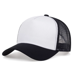 Detail of black and white mesh trucker hat with breathable five-panel construction