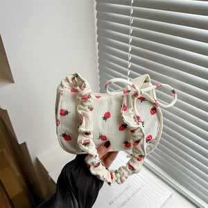Strawberry Print Corduroy Underarm Bag For Women Ruffled Strap With Bow Decor Kawaii Sweet Aesthetic Shoulder Handbag