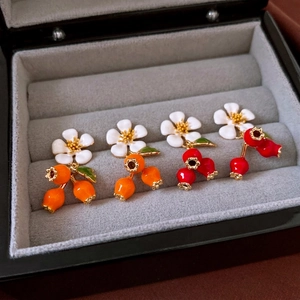 Gold-plated floral drop earrings with enamel flower and colorful berry pendants