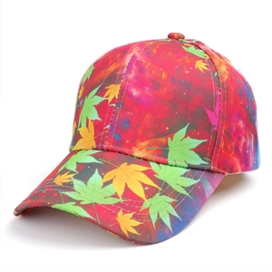 Detail of multi-color starry sky baseball cap with yellow and green leaf print patterns