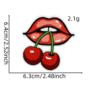 Detailed embroidery patch showing cherry lips design with dimensions 6.4x6.3cm