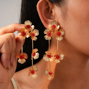 Boucles Oreilles Fleuries Argent Longs Glands Pétales Mailles Creuses Fleur Bijoux Fête Élégants Pour Femmes