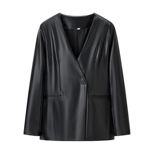 Detail view of black faux leather jacket with deep V-neck and single button closure