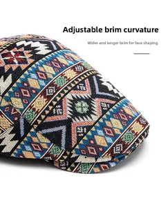 Macro detail of ethnic geometric jacquard fabric and foldable wide brim newsboy cap