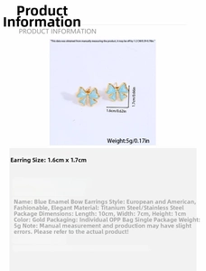 Detail view of blue bow stud earrings in 18k gold plated titanium steel with dimensions