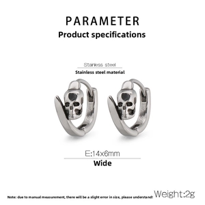 Detailed parameter view of 14x6mm stainless steel skull hoop earrings in silver