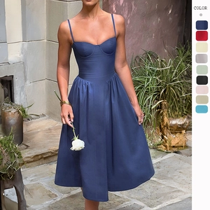 Robe Midi À Bretelles Spaghetti Bustier Corsage Ligne A Jupe Évasée Sexy Couleur Unie Sans Manches Dos Nu Été Femmes