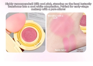 Macro detail of milk pink cushion blush showing texture and color swatches on skin