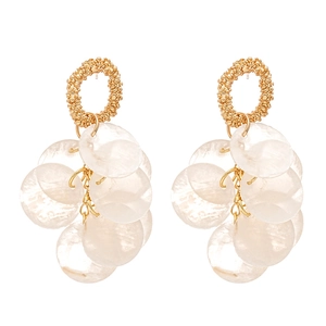Golden round tassel earrings with white shell accents for women's vacation style