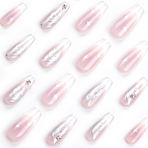 Pink gradient long coffin press-on nails with silver butterfly patterns and rhinestones