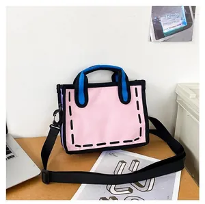 Detail of 2D cartoon style tote bag with black bold outlines and adjustable nylon strap