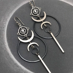 Boucles d'oreilles géométriques œil protecteur avec lunes et pendentifs en argent