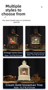 Close-up of vintage Christmas music box lanterns with warm light and 13.7x21cm dimensions