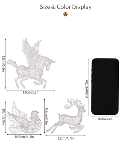 Size display of silver glitter Christmas tree ornaments featuring Pegasus, bird, and reindeer