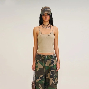 Débardeur En Coton Côtelé Femme Coupe Slim Bretelles Spaghetti Broderie Croix Streetwear Y2K Crop Top